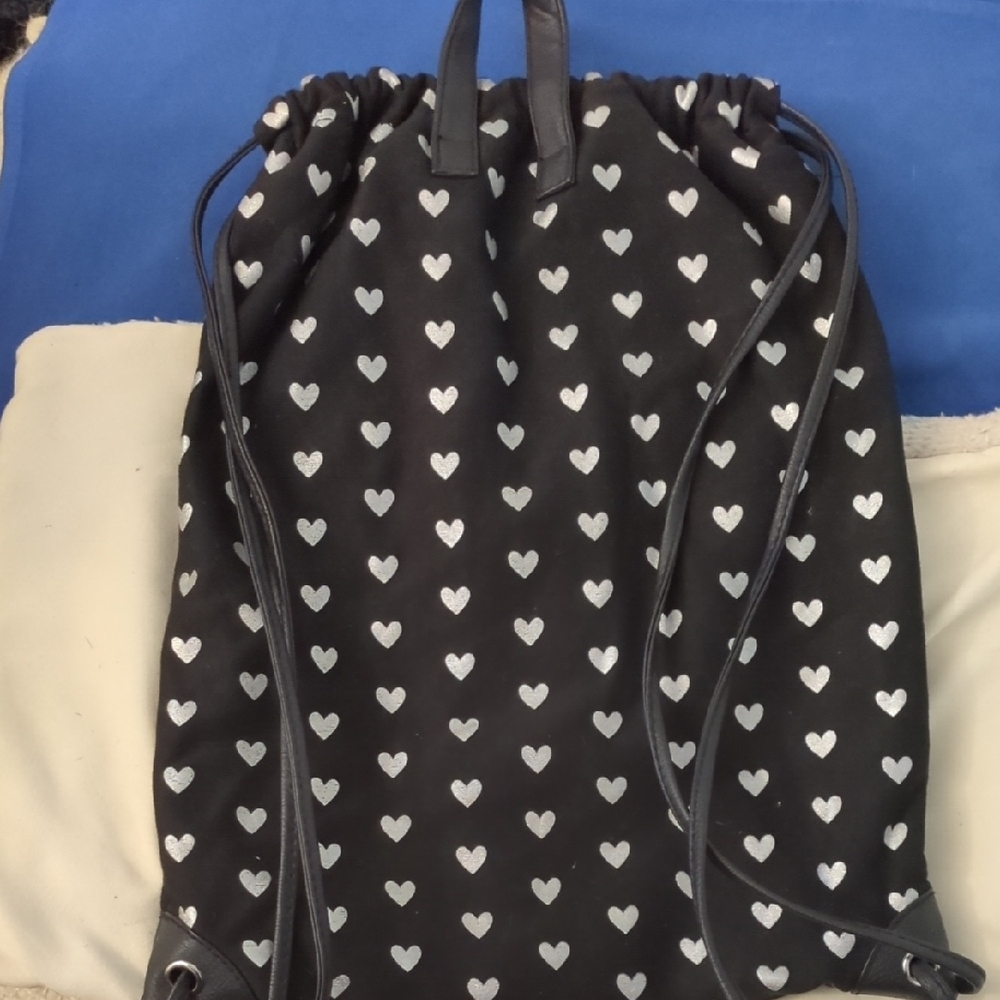Black Drawstring Backpack With Silver Hearts - image 2